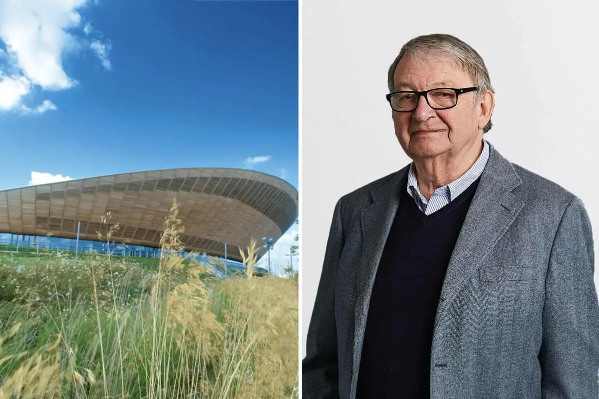 Image depicts a photo of the Lee Valley Velopark in London on the left, and an image of the late Sir Michael Hopkins on the right.