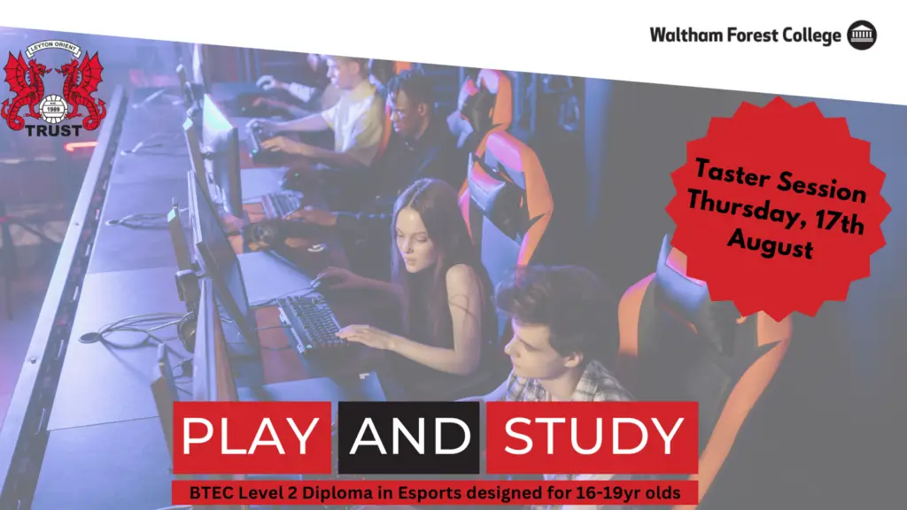 Image depicts a group of people playing on computers in an esports room. In the top left corner is the Leyton Orient Trust logo in red, with the Waltham Forest College logo in black on the right.
