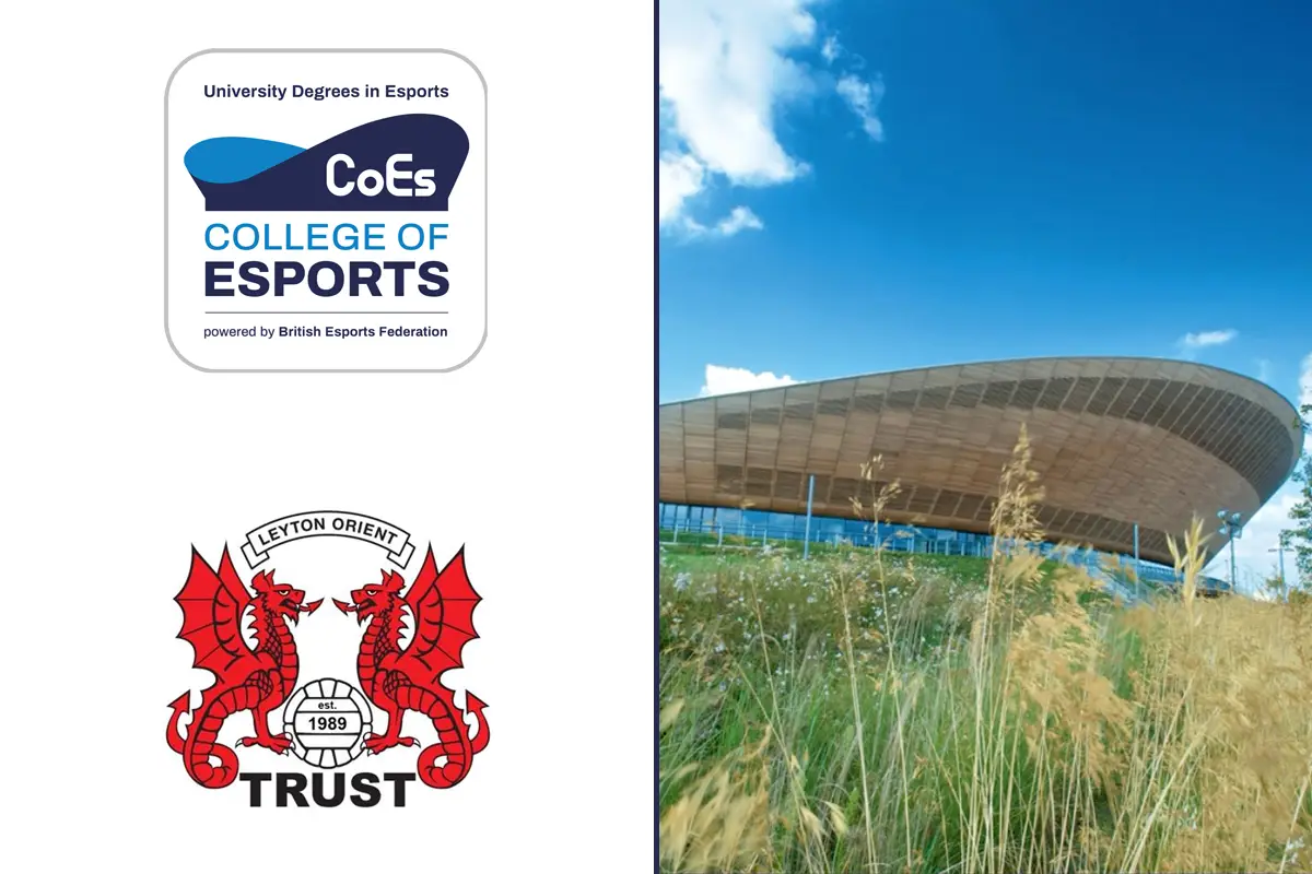 On the left is the University Campus of Esports logo, with the Leyton Orient Trust logo underneath. On the right is a picture of the Lee Valley VeloPark.