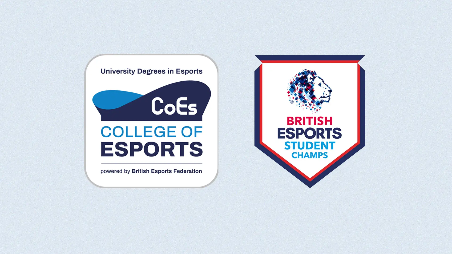 Image depicts the University Campus of Esports logo on the left, with the British Esports Student Champs logo on the right-side of the image. The logos are on a pale blue background.