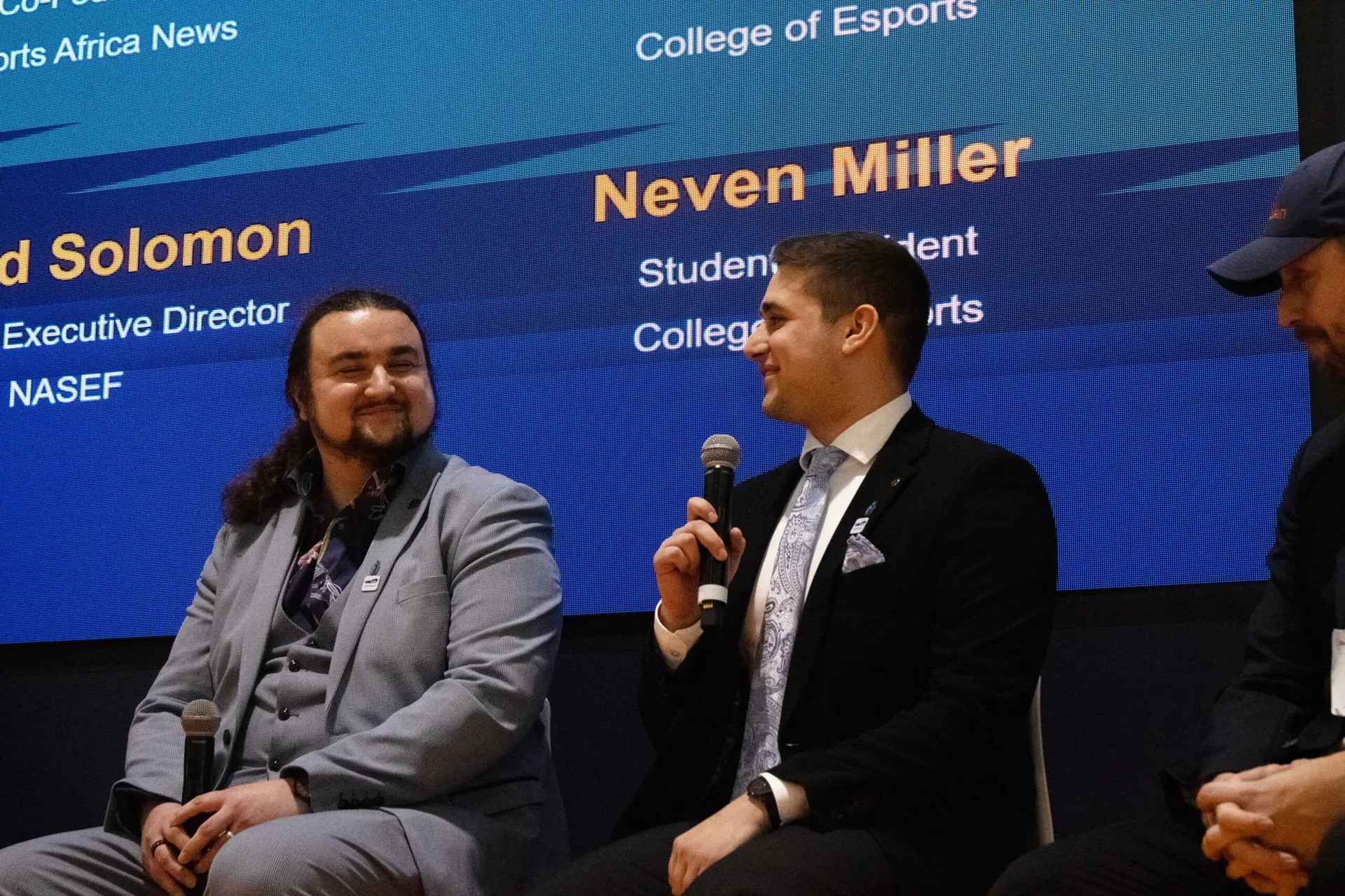 Image depicts Lewis Douglas and Student Neven Miller on stage at Bett 2024.