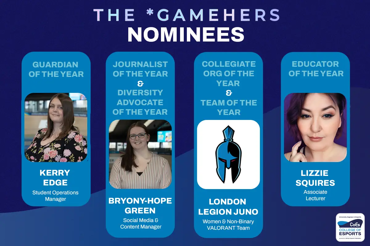 Image depicts the four nominees from the University Campus of Esports for theGameHERs Awards 2024.