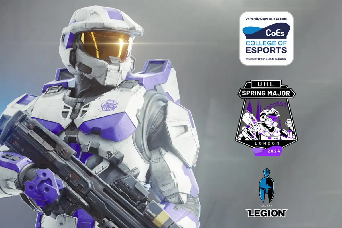 Image depicts Master Chief from Halo branded with UHL colours, next to the University Campus of Esports and London Legion logos.