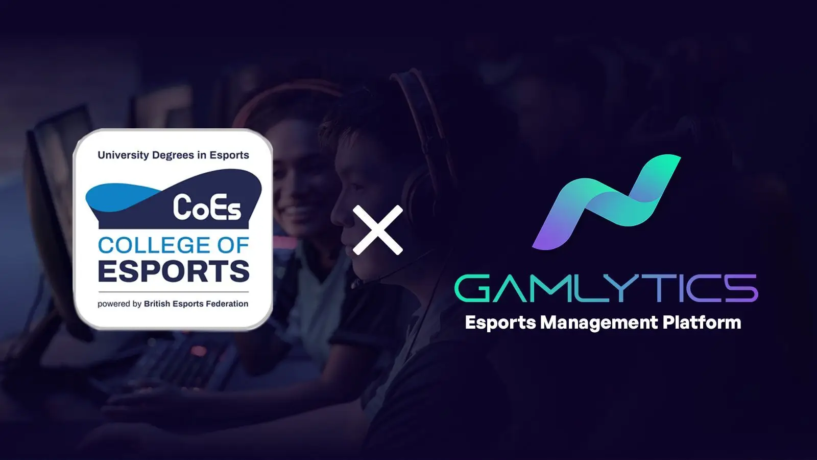 Image depicts the Gamlytics logo next to the University Campus of Esports logo on a dark blue image of people gaming.