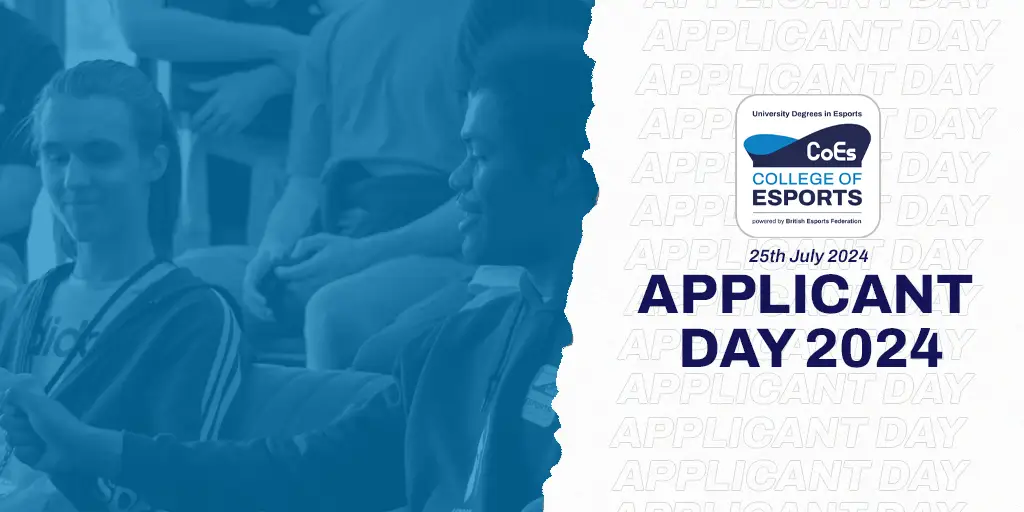 Image is a blue background with students playing Tekken 8 as a promotional poster for our Applicant Day.