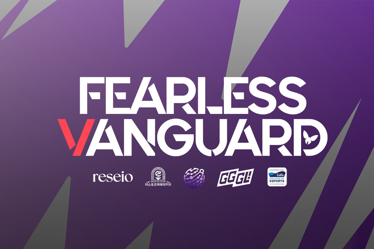 image depicts a triangular purple and white background, with the Fearless Vanguard logo in the centre. Thois is to promote the event on 3rd August at the University Campus of Esports.