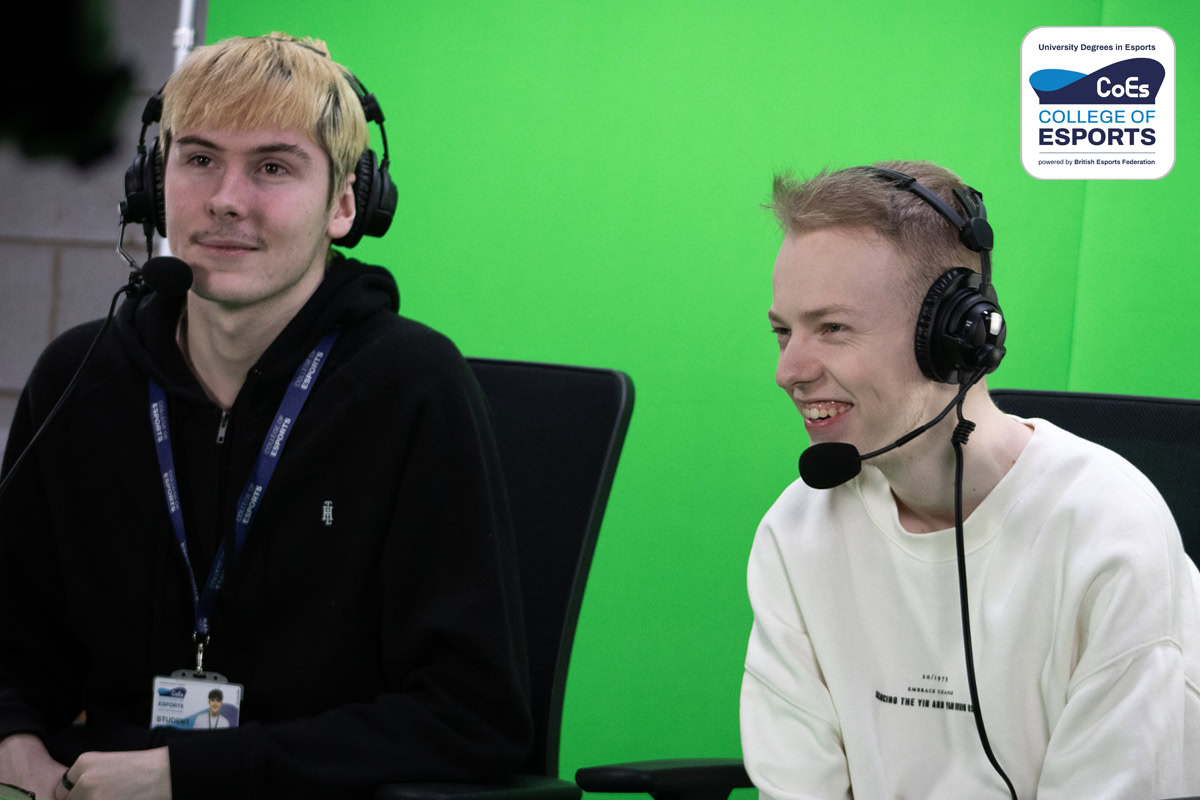 Image depicts two individuals with black headsets on sat in front of a green screen. This is the image used to promote the 2024 student cohort for September.